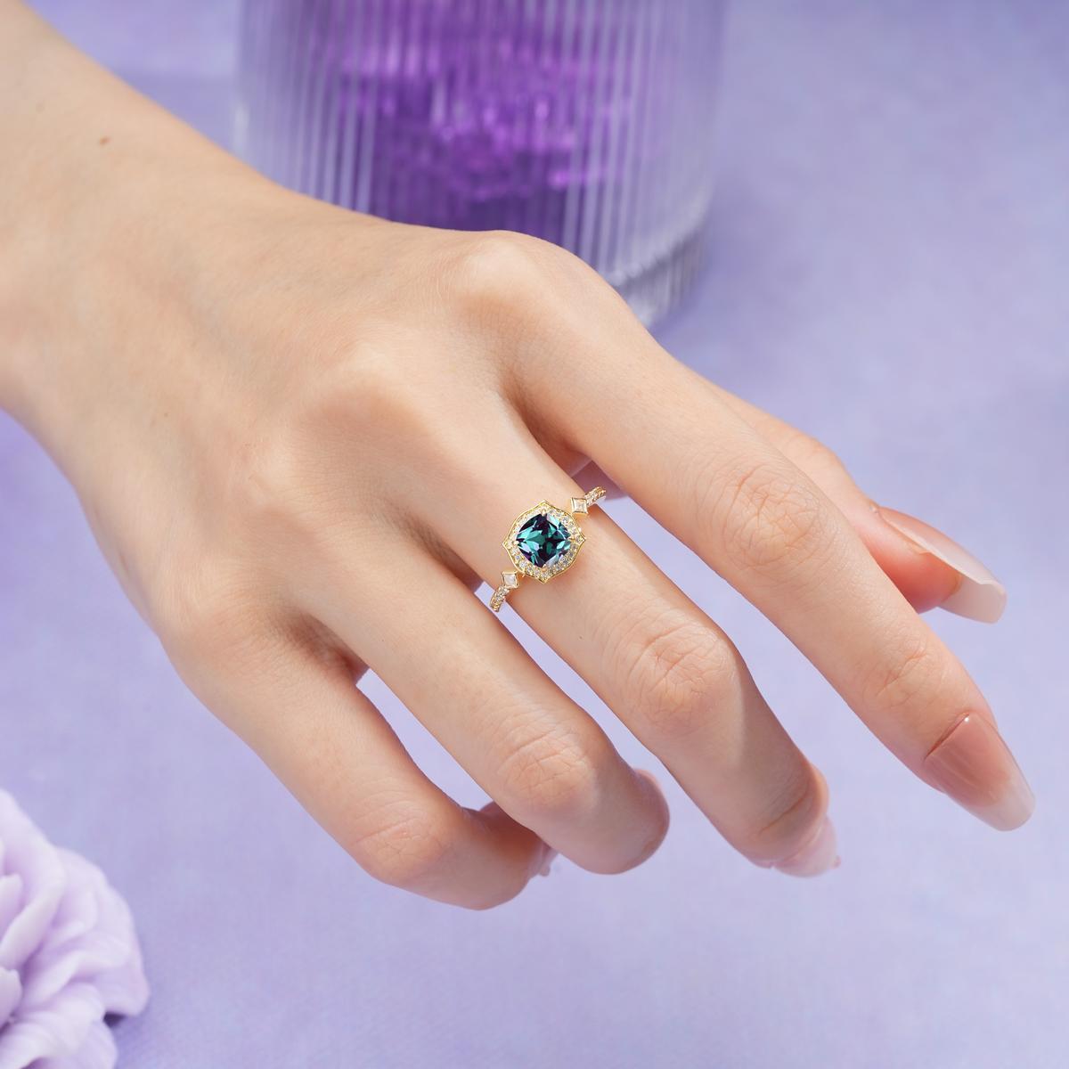 Vintage-Style, Multi-Row Diamond, Luxurious 4-Prong Princess Cut Alexandrite Engagement Ring