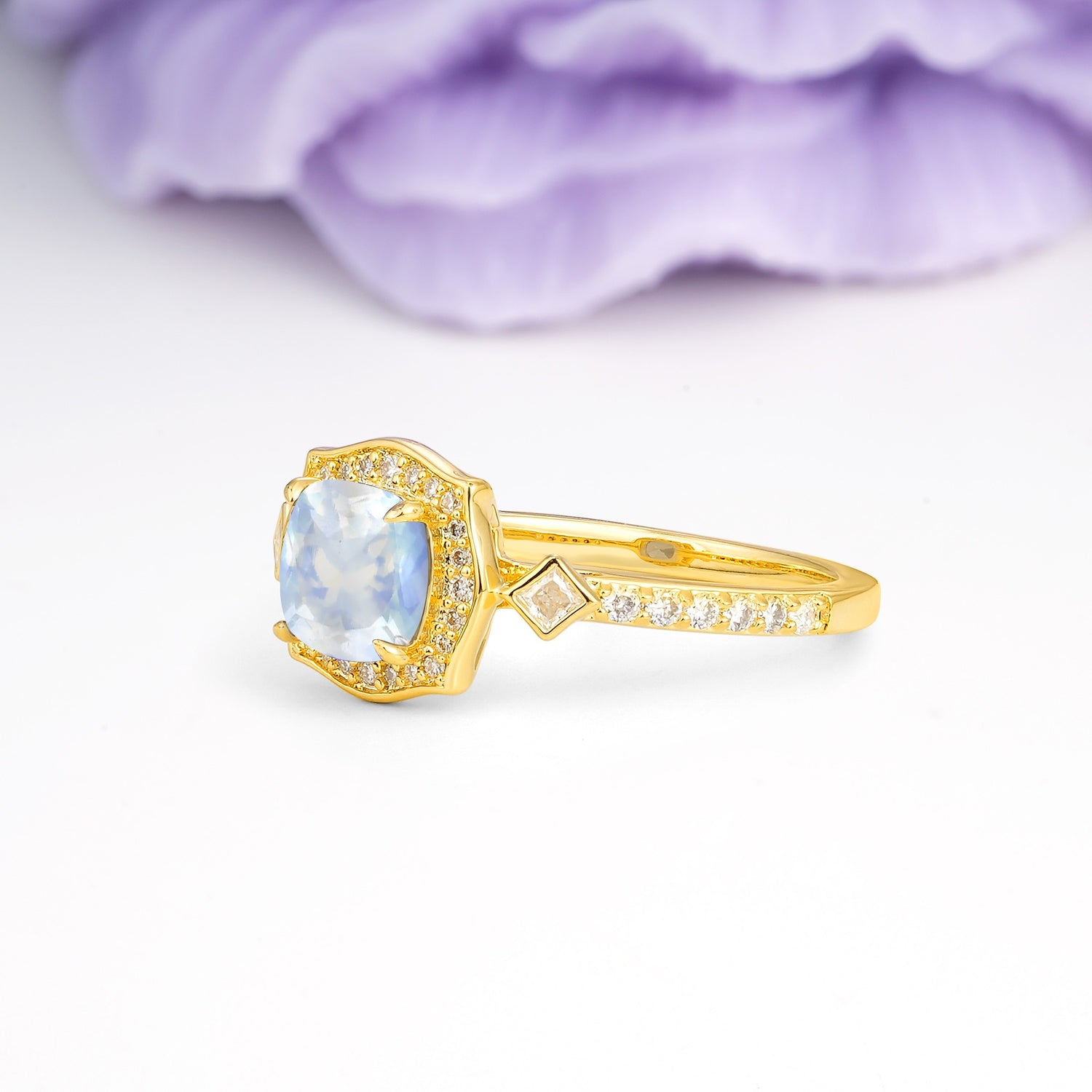 Vintage-Style, Multi-Row Diamond, Luxurious 4-Prong Princess Cut Moonstone Engagement Ring - Additional view