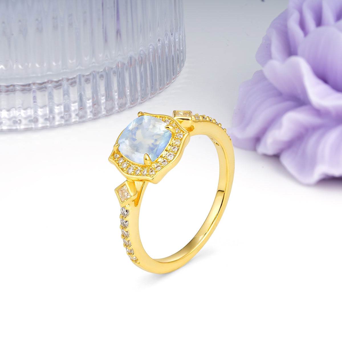 Vintage-Style, Multi-Row Diamond, Luxurious 4-Prong Princess Cut Moonstone Engagement Ring - Additional view