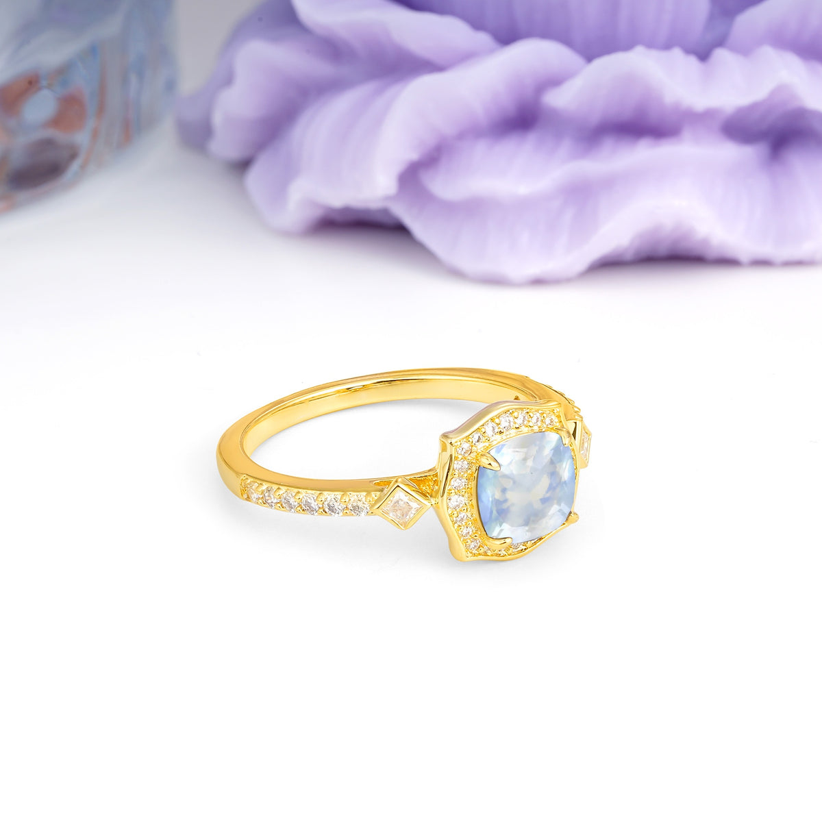 Vintage-Style, Multi-Row Diamond, Luxurious 4-Prong Princess Cut Moonstone Engagement Ring - Additional view