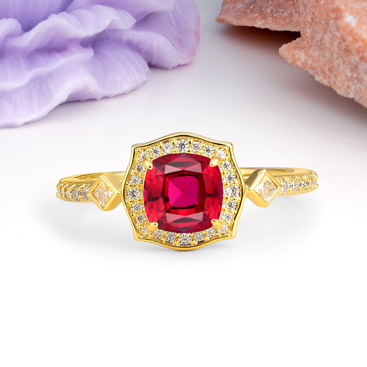 Vintage-Style, Multi-Row Diamond, Luxurious 4-Prong Princess Cut Ruby Engagement Ring - Additional view