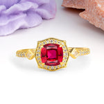 Vintage-Style, Multi-Row Diamond, Luxurious 4-Prong Princess Cut Ruby Engagement Ring - Additional view