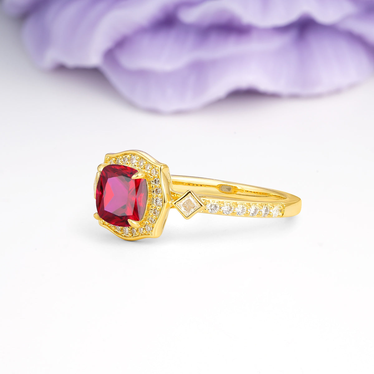 Vintage-Style, Multi-Row Diamond, Luxurious 4-Prong Princess Cut Ruby Engagement Ring - Additional view