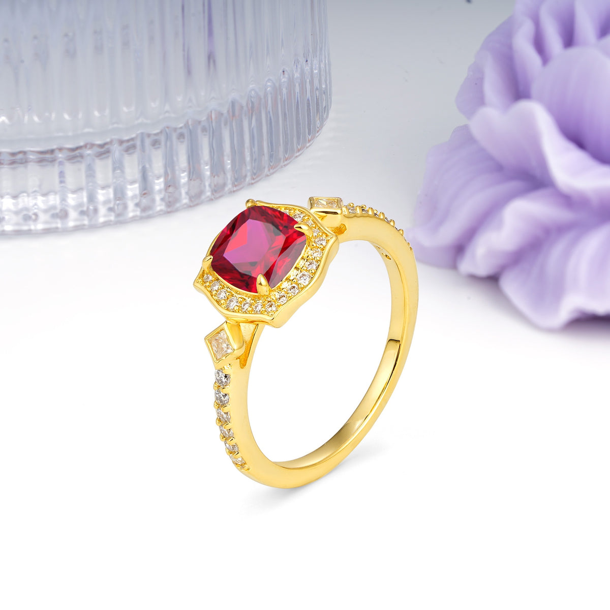 Vintage-Style, Multi-Row Diamond, Luxurious 4-Prong Princess Cut Ruby Engagement Ring - Additional view