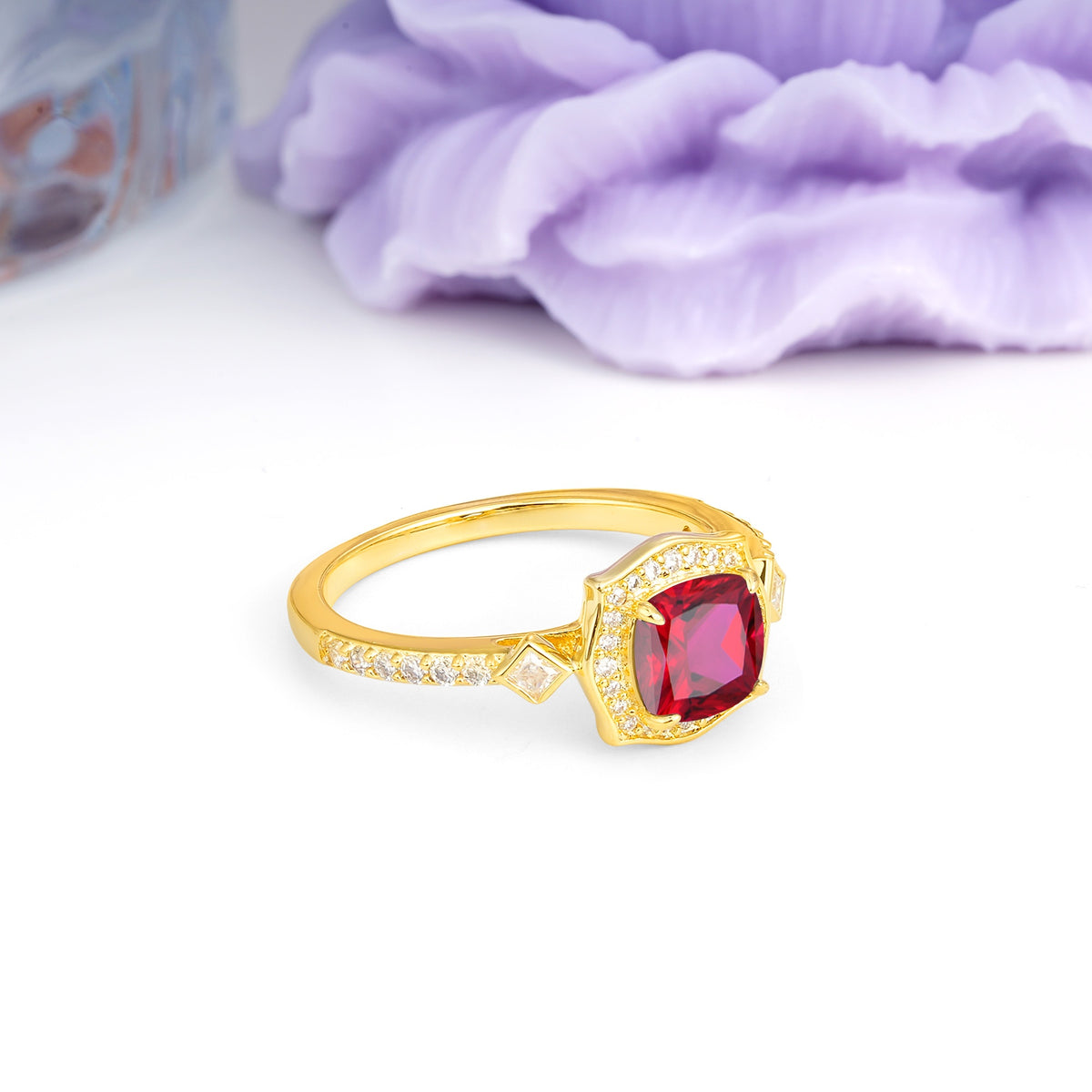 Vintage-Style, Multi-Row Diamond, Luxurious 4-Prong Princess Cut Ruby Engagement Ring - Additional view