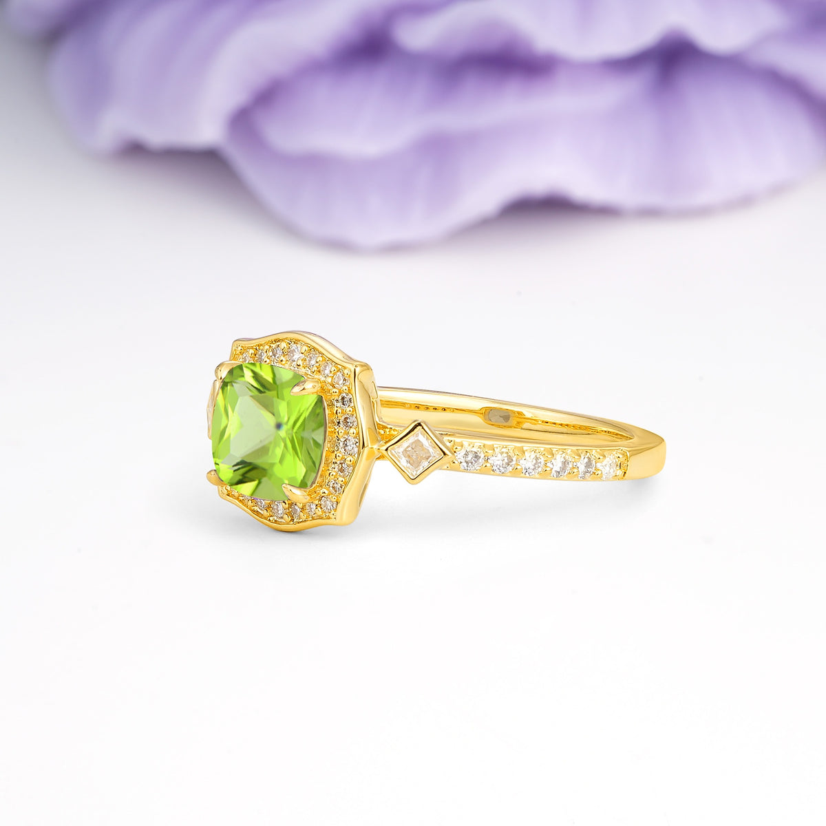 Vintage-Style, Multi-Row Diamond, Luxurious 4-Prong Princess Cut Peridot Engagement Ring - Additional view