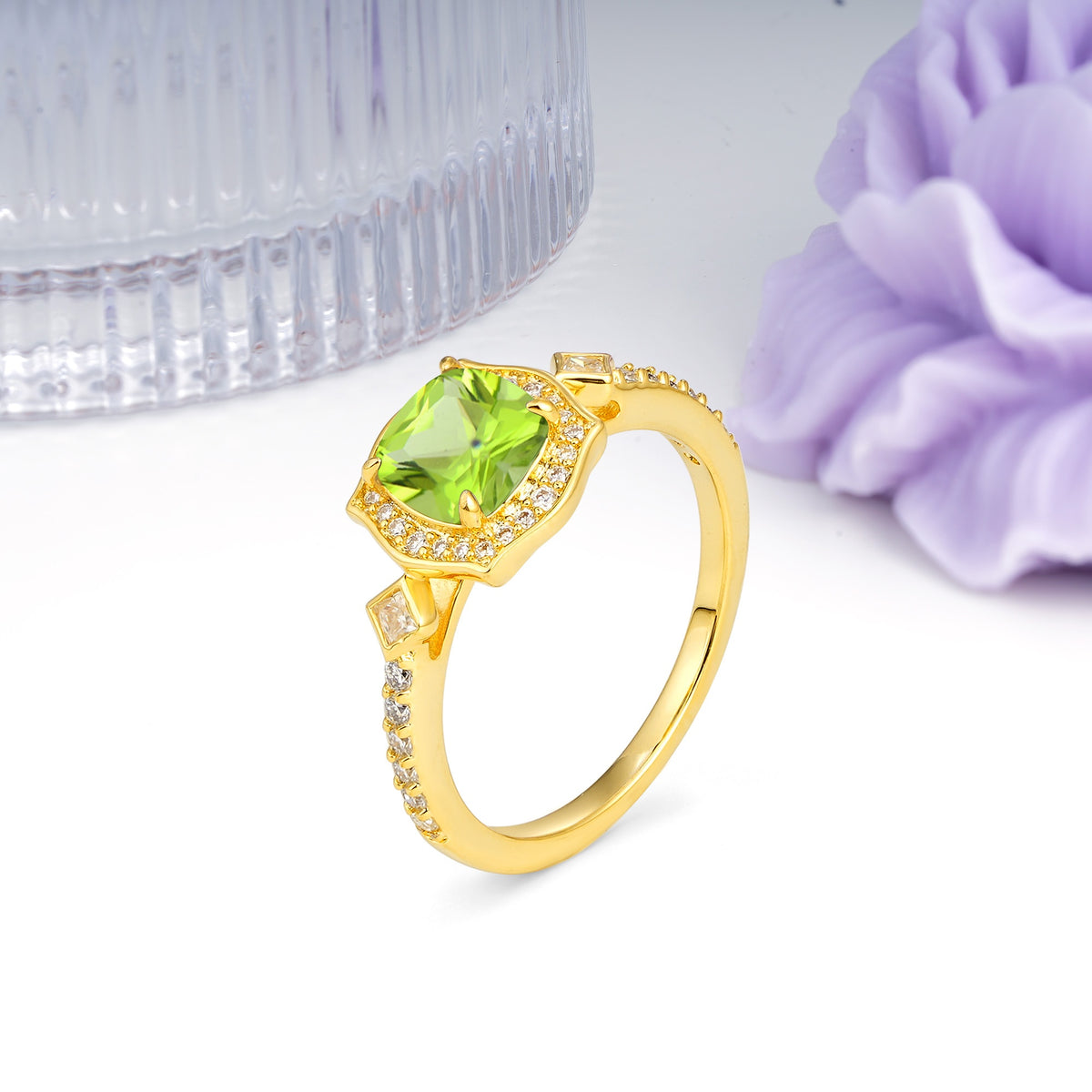 Vintage-Style, Multi-Row Diamond, Luxurious 4-Prong Princess Cut Peridot Engagement Ring - Additional view