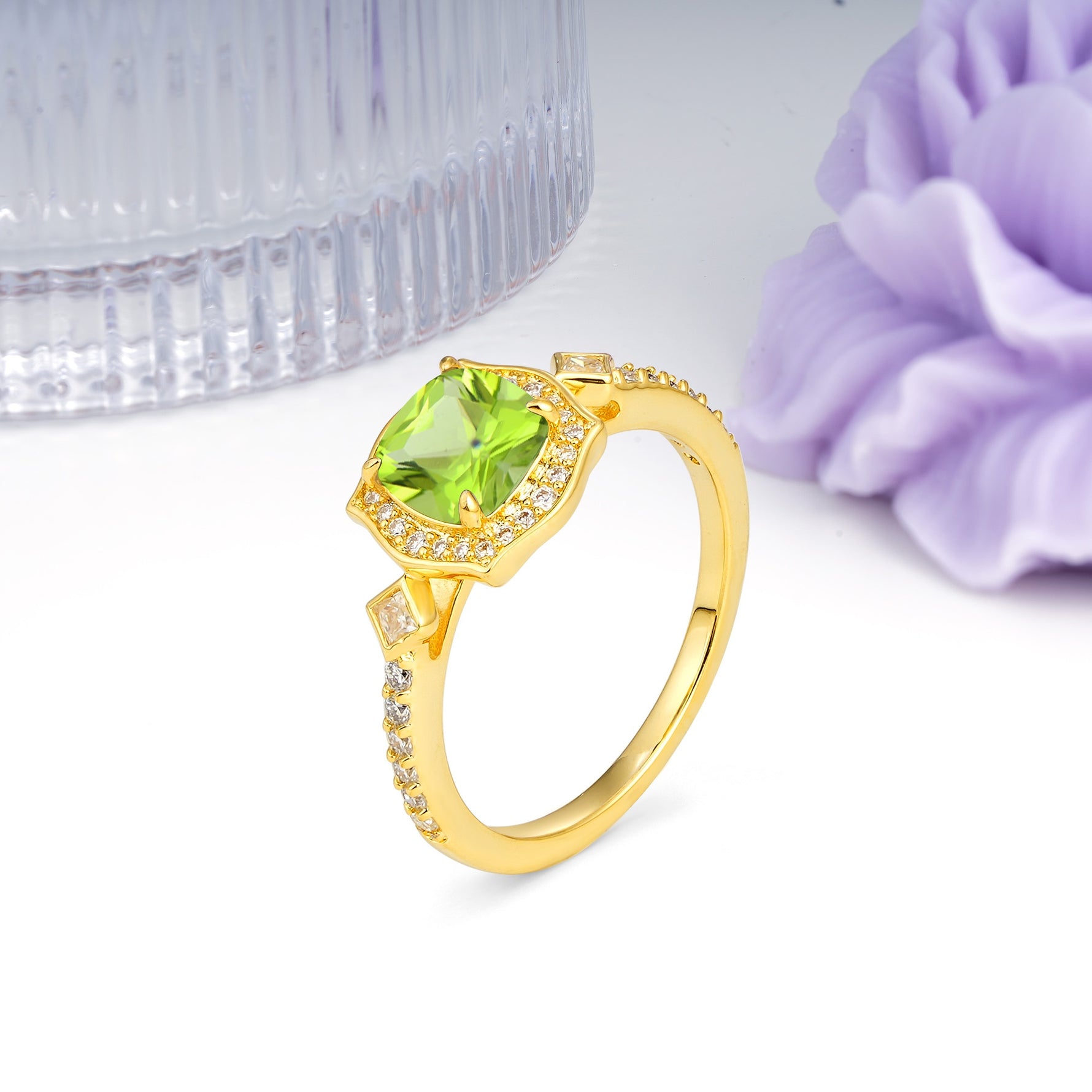 Vintage-Style, Multi-Row Diamond, Luxurious 4-Prong Princess Cut Peridot Engagement Ring - Additional view