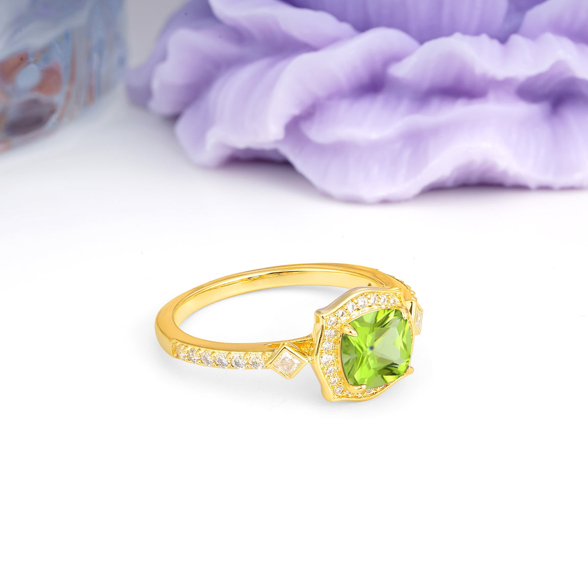 Vintage-Style, Multi-Row Diamond, Luxurious 4-Prong Princess Cut Peridot Engagement Ring - Additional view