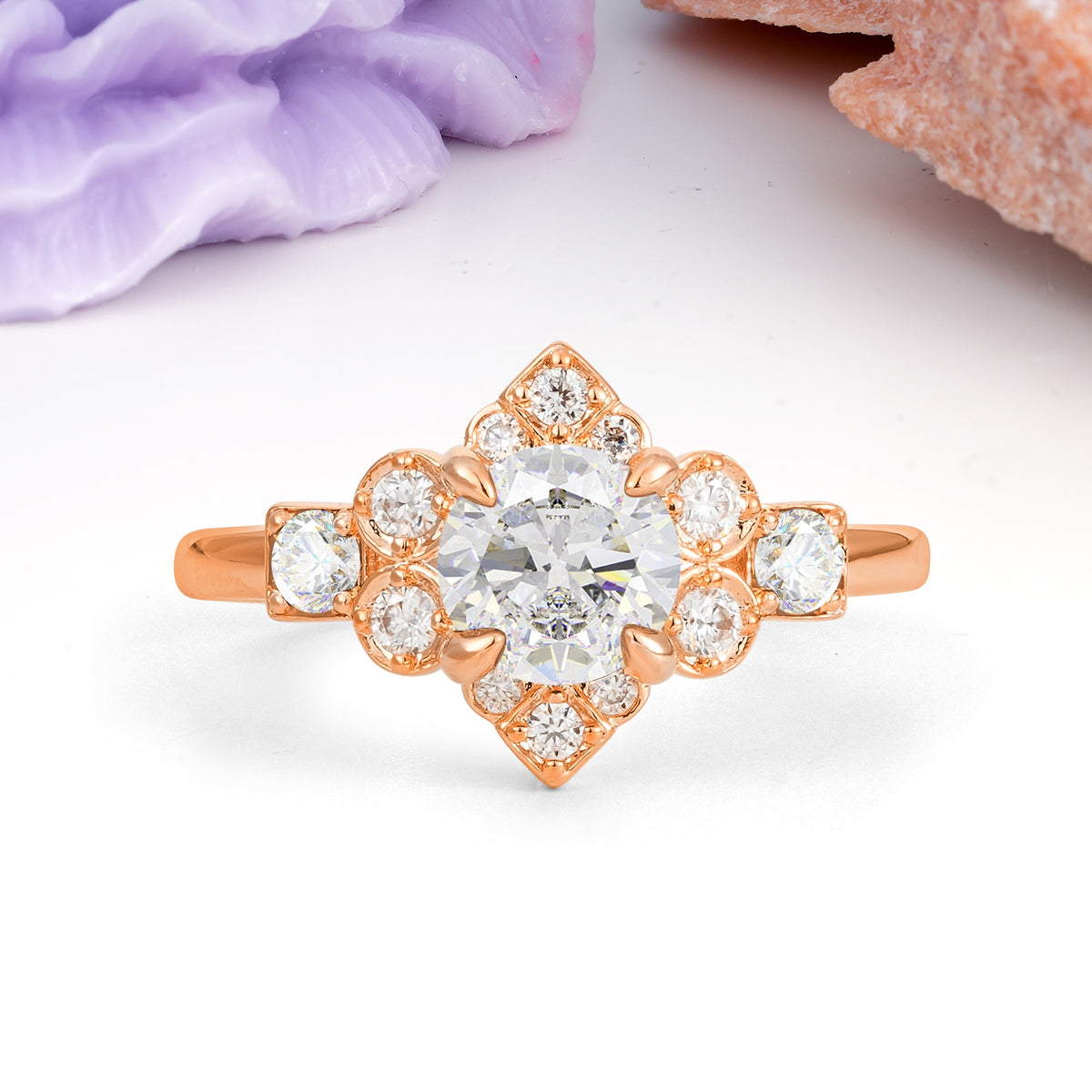 Unique Vintage-Luxury 4-Prong Round Cut Moissanite Engagement Ring - Additional view