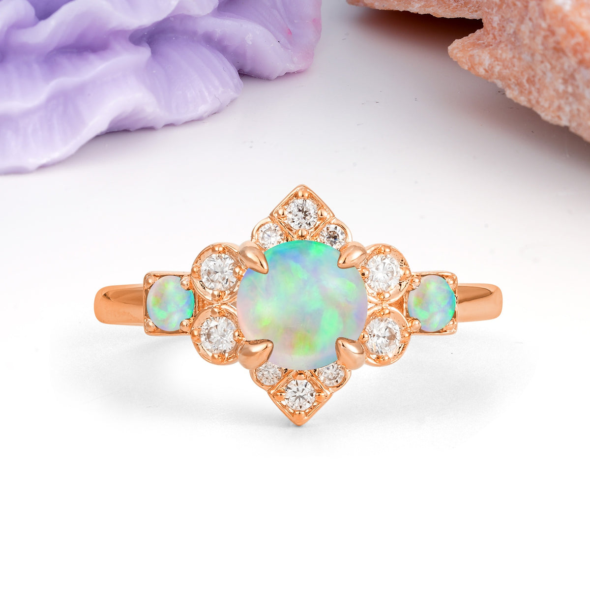 Unique Vintage-Luxury 4-Prong Round Cut Fire Opal Engagement Ring - Additional view