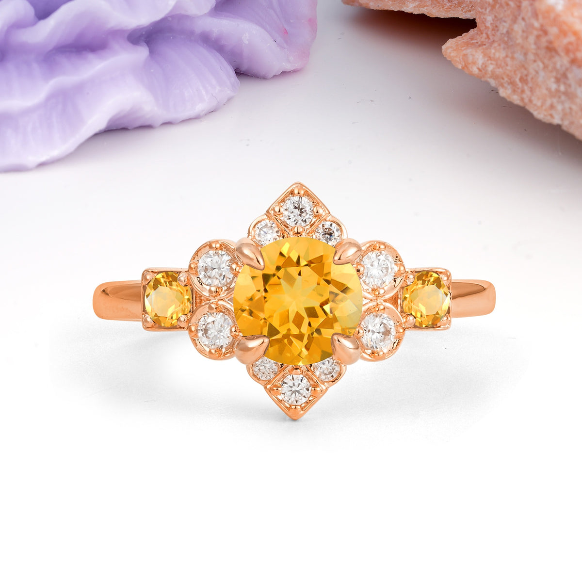 Unique Vintage-Luxury 4-Prong Round Cut Citrine Engagement Ring - Additional view