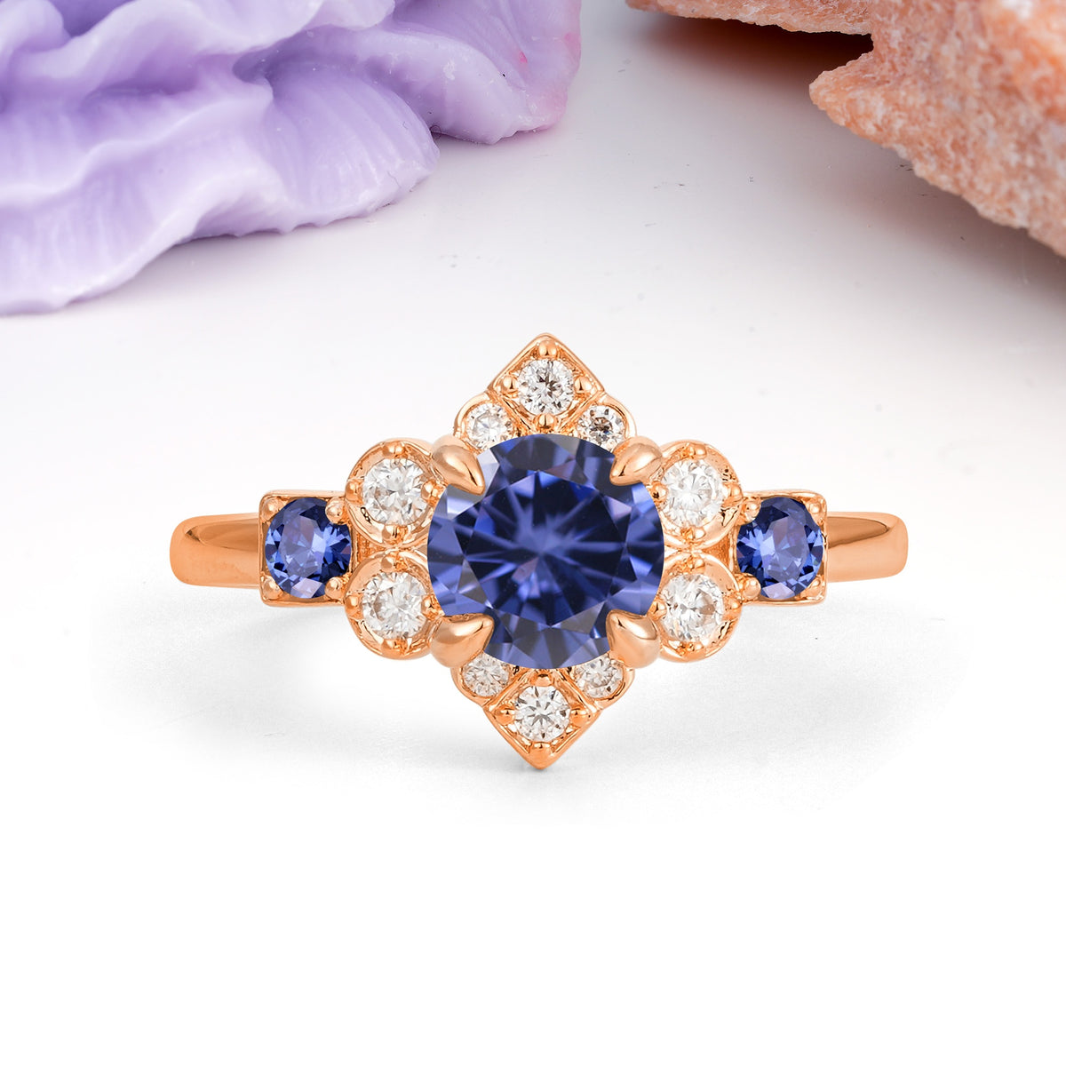Unique Vintage-Luxury 4-Prong Round Cut Tanzanite Engagement Ring - Additional view