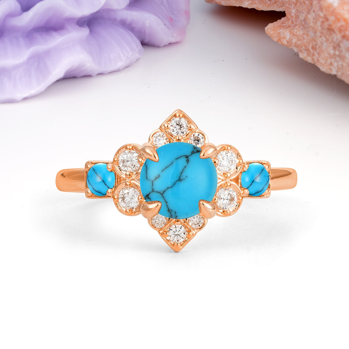 Unique Vintage-Luxury 4-Prong Round Cut Turquoise Engagement Ring - Additional view