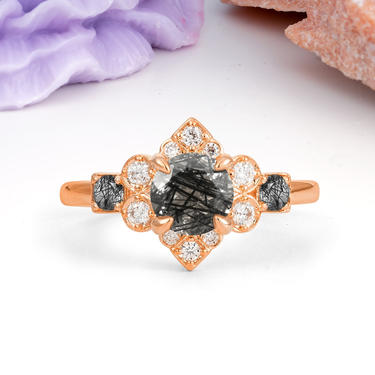 Unique Vintage-Luxury 4-Prong Round Cut Black Rutilated Quartz Engagement Ring - Additional view
