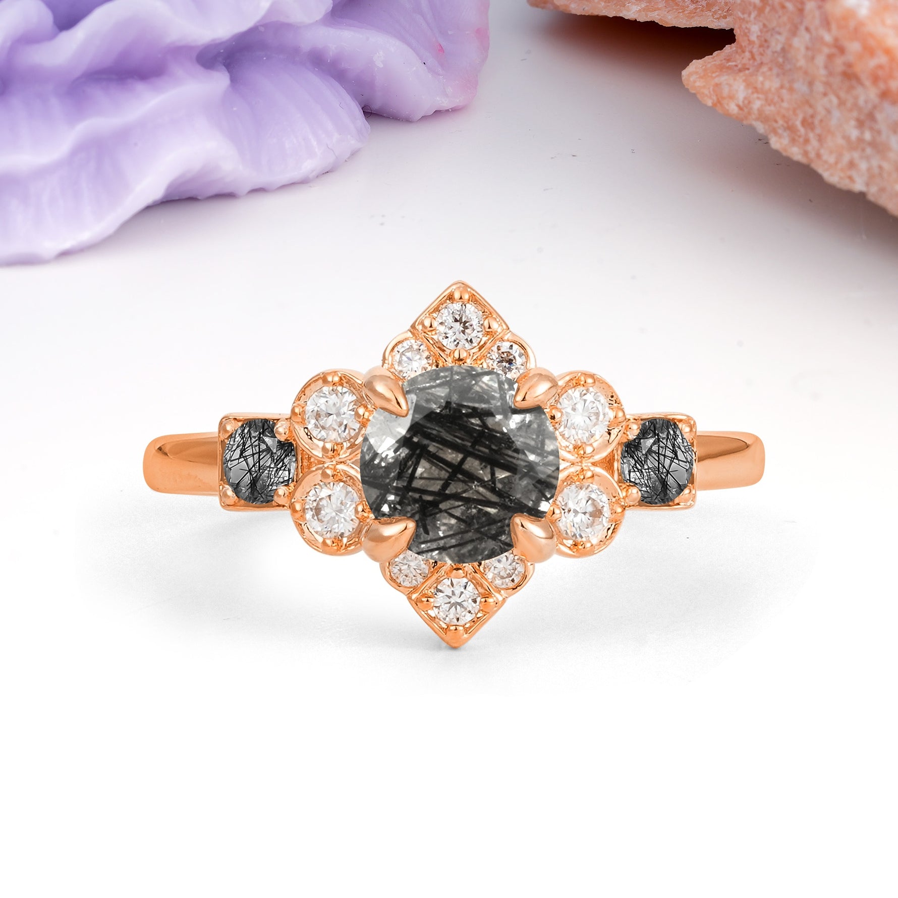 Unique Vintage-Luxury 4-Prong Round Cut Black Rutilated Quartz Engagement Ring - Additional view