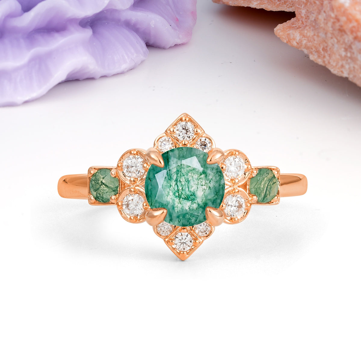 Unique Vintage-Luxury 4-Prong Round Cut Moss Agate Engagement Ring - Additional view