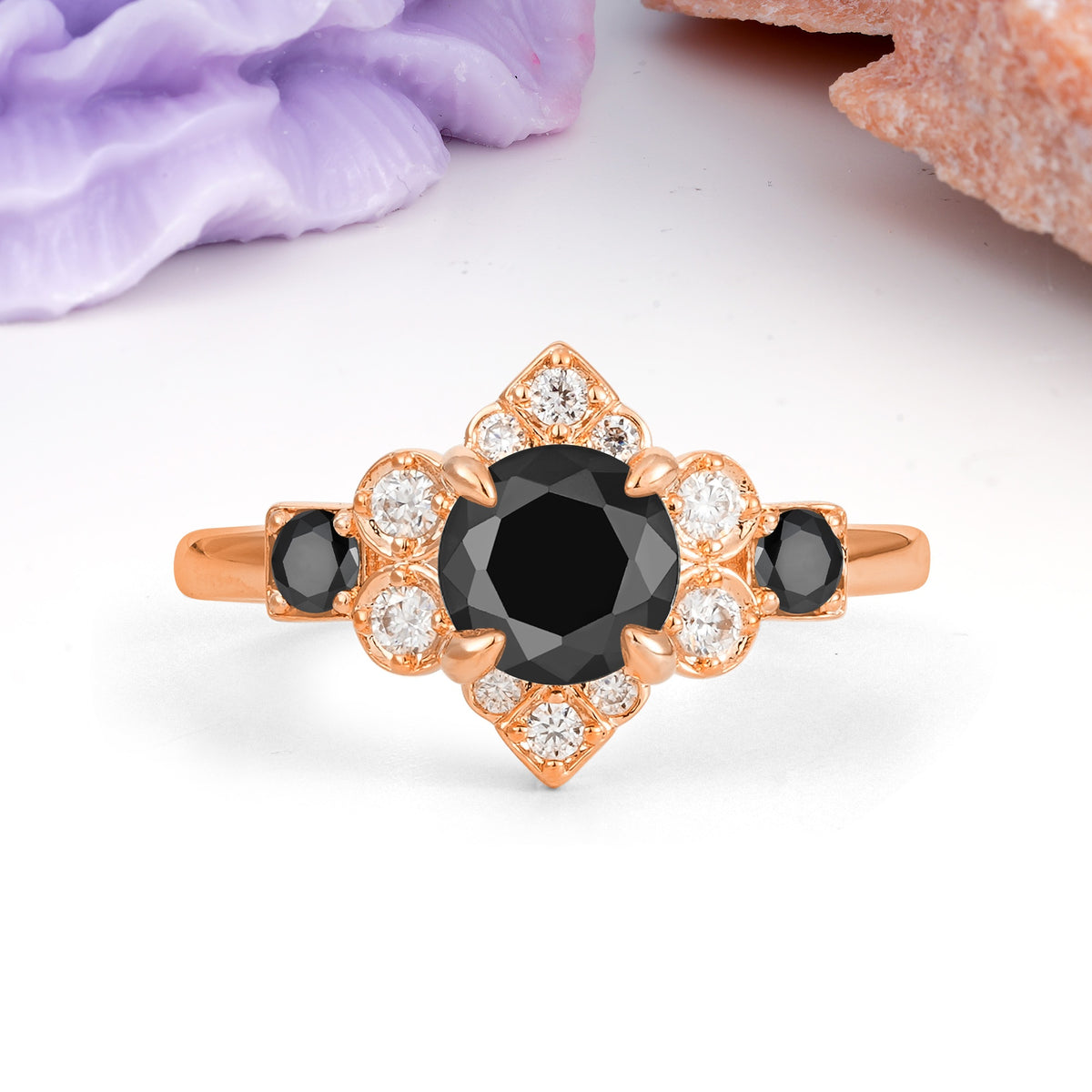 Unique Vintage-Luxury 4-Prong Round Cut Black Onyx Engagement Ring - Additional view