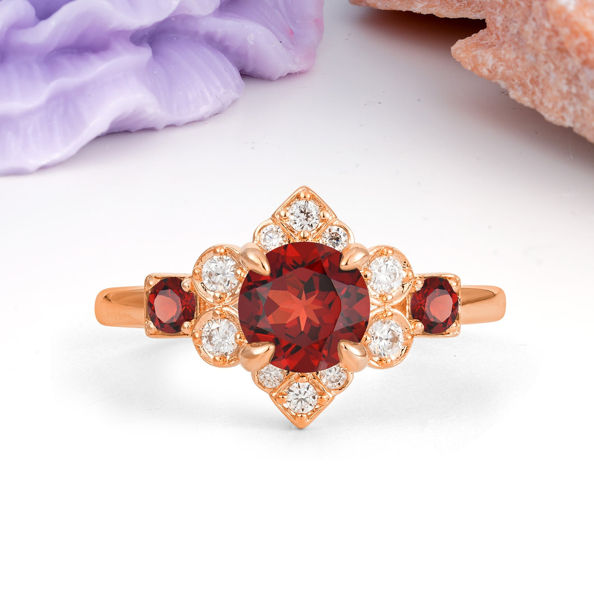 Unique Vintage-Luxury 4-Prong Round Cut Garnet Engagement Ring - Additional view