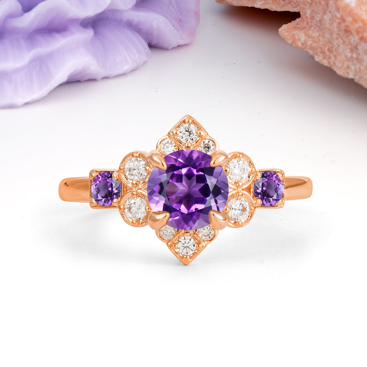 Unique Vintage-Luxury 4-Prong Round Cut Amethyst Engagement Ring - Additional view