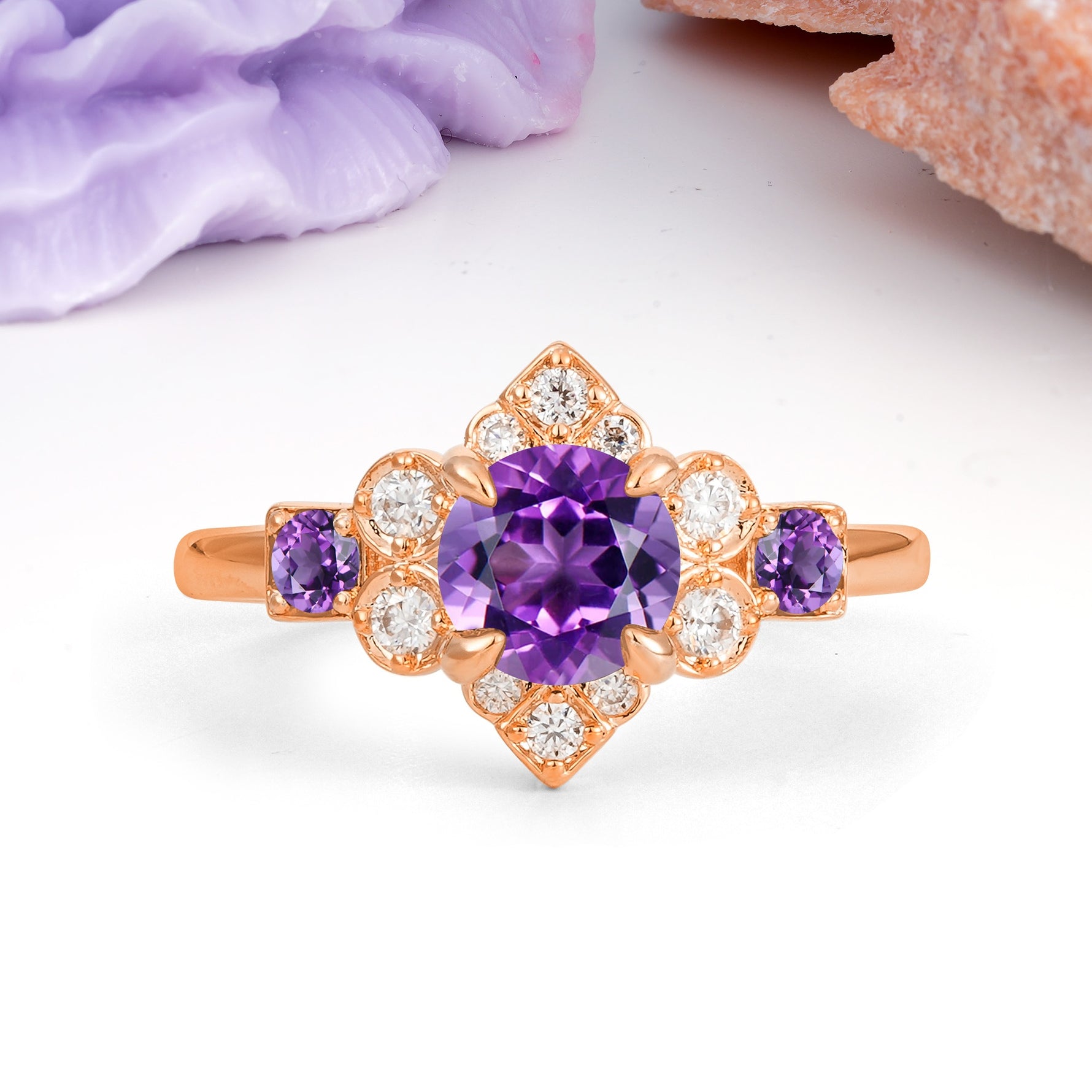 Unique Vintage-Luxury 4-Prong Round Cut Amethyst Engagement Ring - Additional view