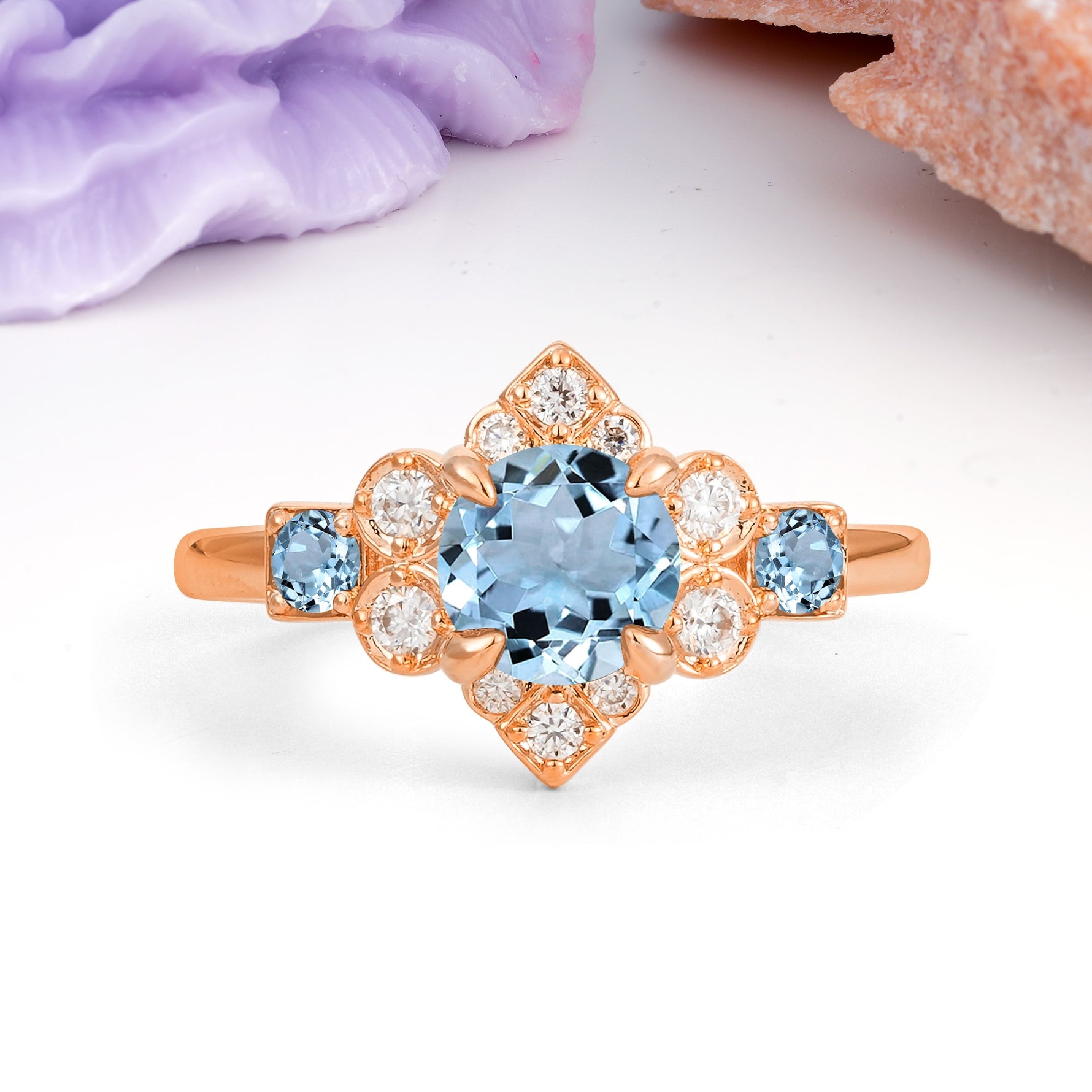 Unique Vintage-Luxury 4-Prong Round Cut Aquamarine Engagement Ring - Additional view