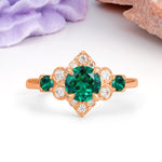 Unique Vintage-Luxury 4-Prong Round Cut Emerald Engagement Ring - Additional view