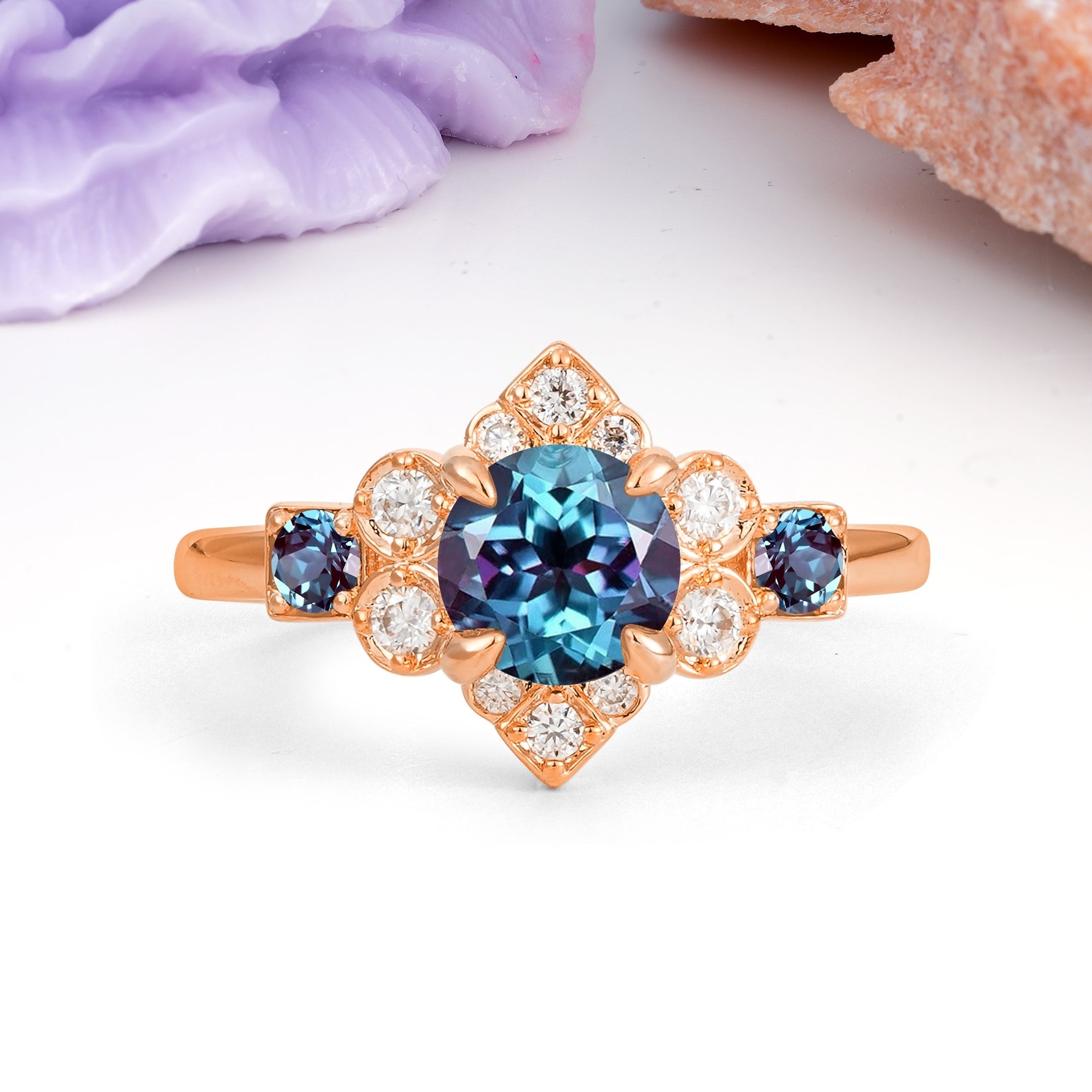 Unique Vintage-Luxury 4-Prong Round Cut Alexandrite Engagement Ring - Additional view