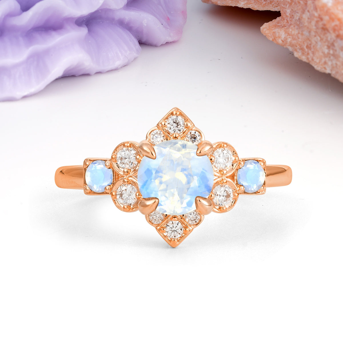 Unique Vintage-Luxury 4-Prong Round Cut Moonstone Engagement Ring - Additional view