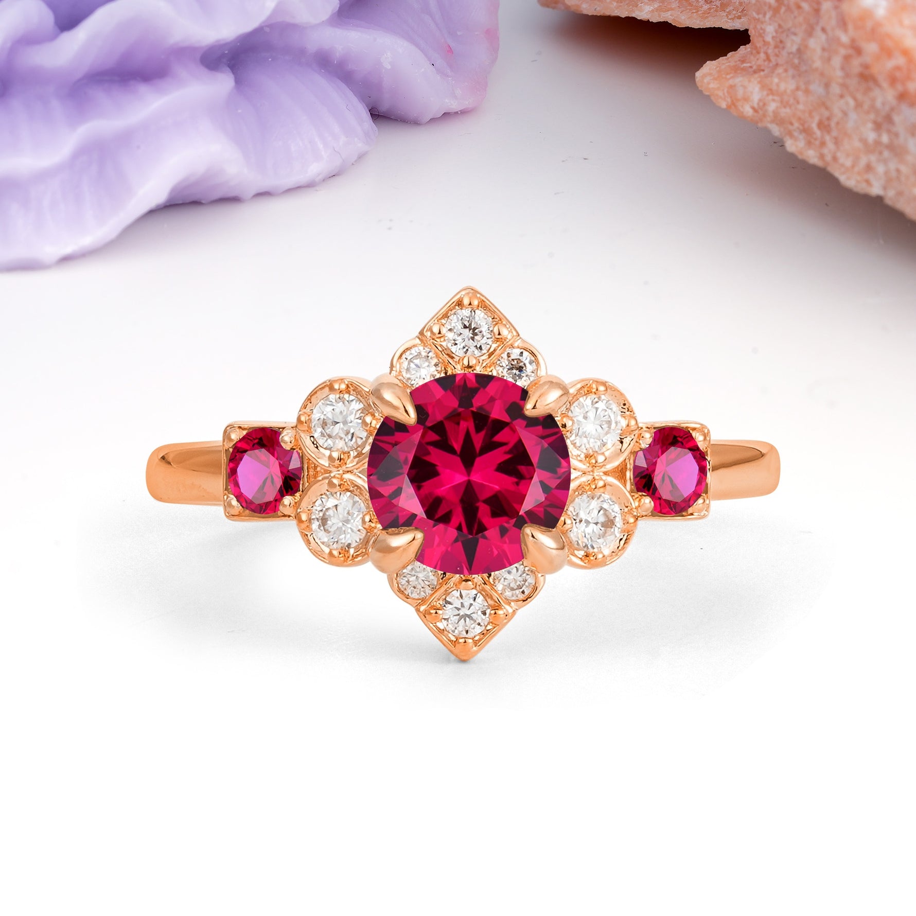 Unique Vintage-Luxury 4-Prong Round Cut Ruby Engagement Ring - Additional view