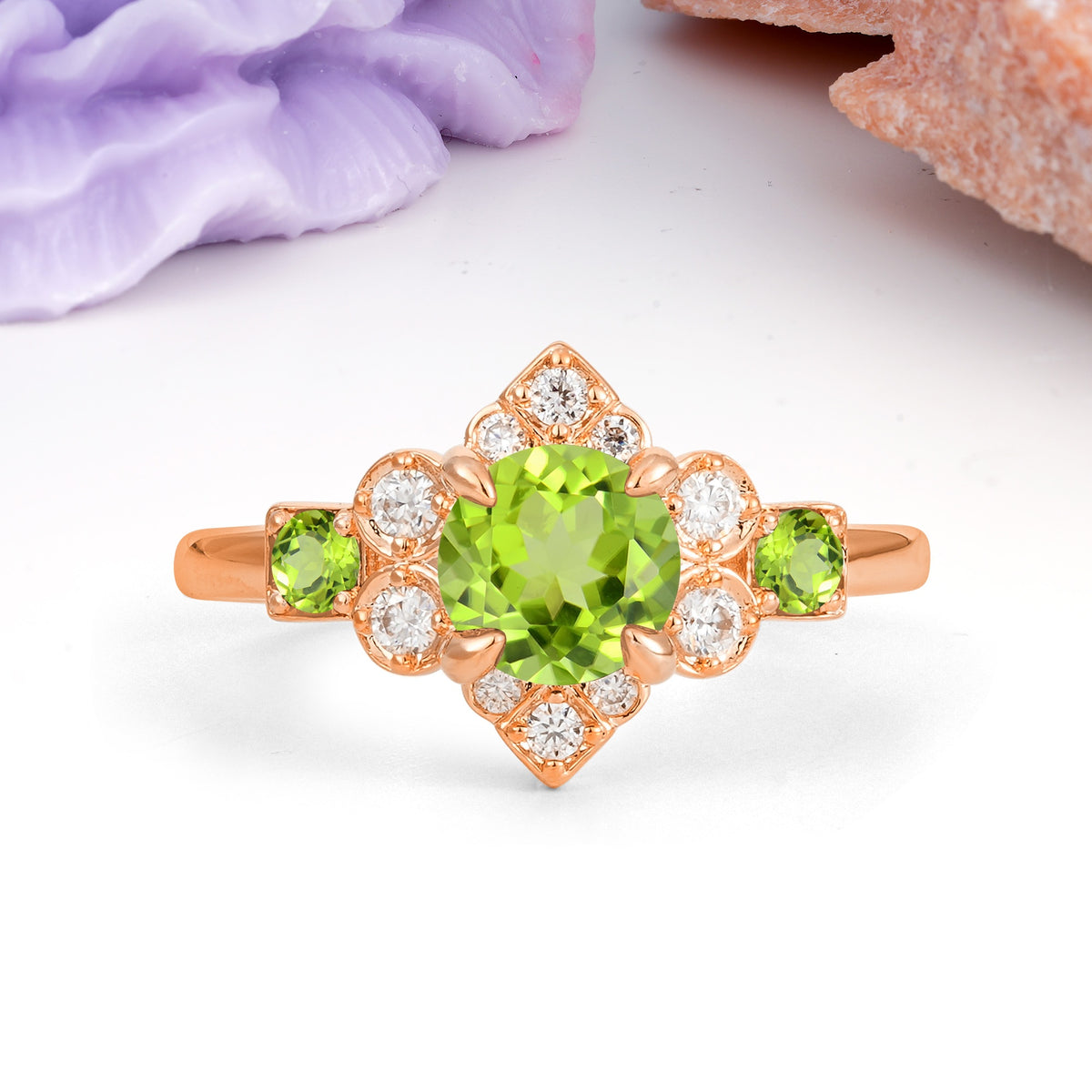 Unique Vintage-Luxury 4-Prong Round Cut Peridot Engagement Ring - Additional view