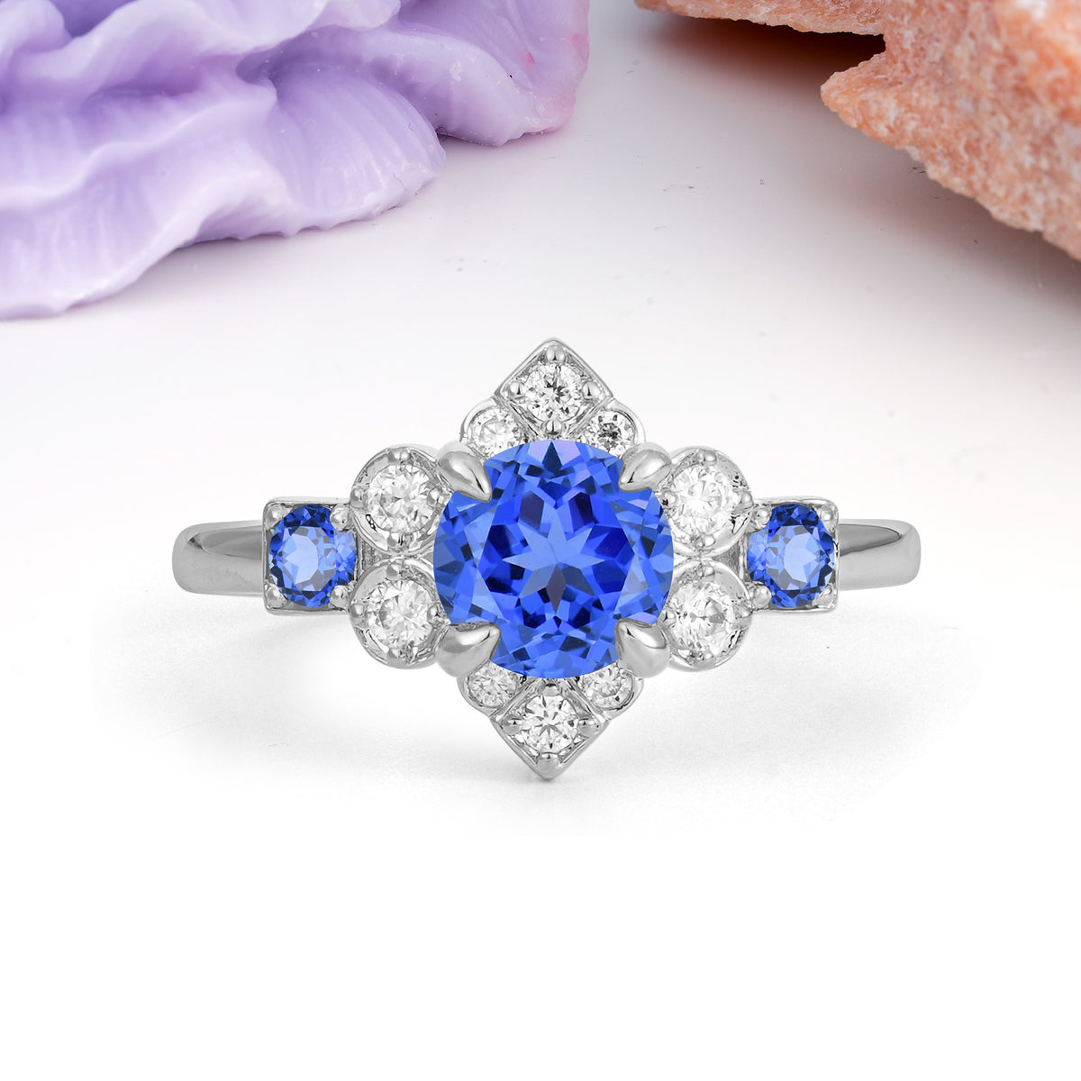 Unique Vintage-Luxury 4-Prong Round Cut Sapphire Engagement Ring - Additional view