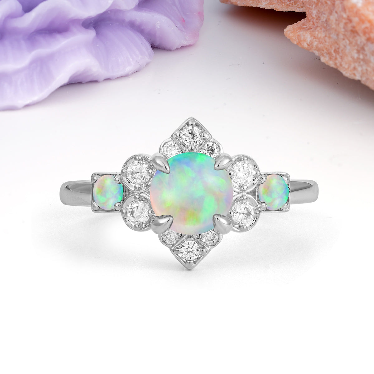 Unique Vintage-Luxury 4-Prong Round Cut Fire Opal Engagement Ring - Additional view