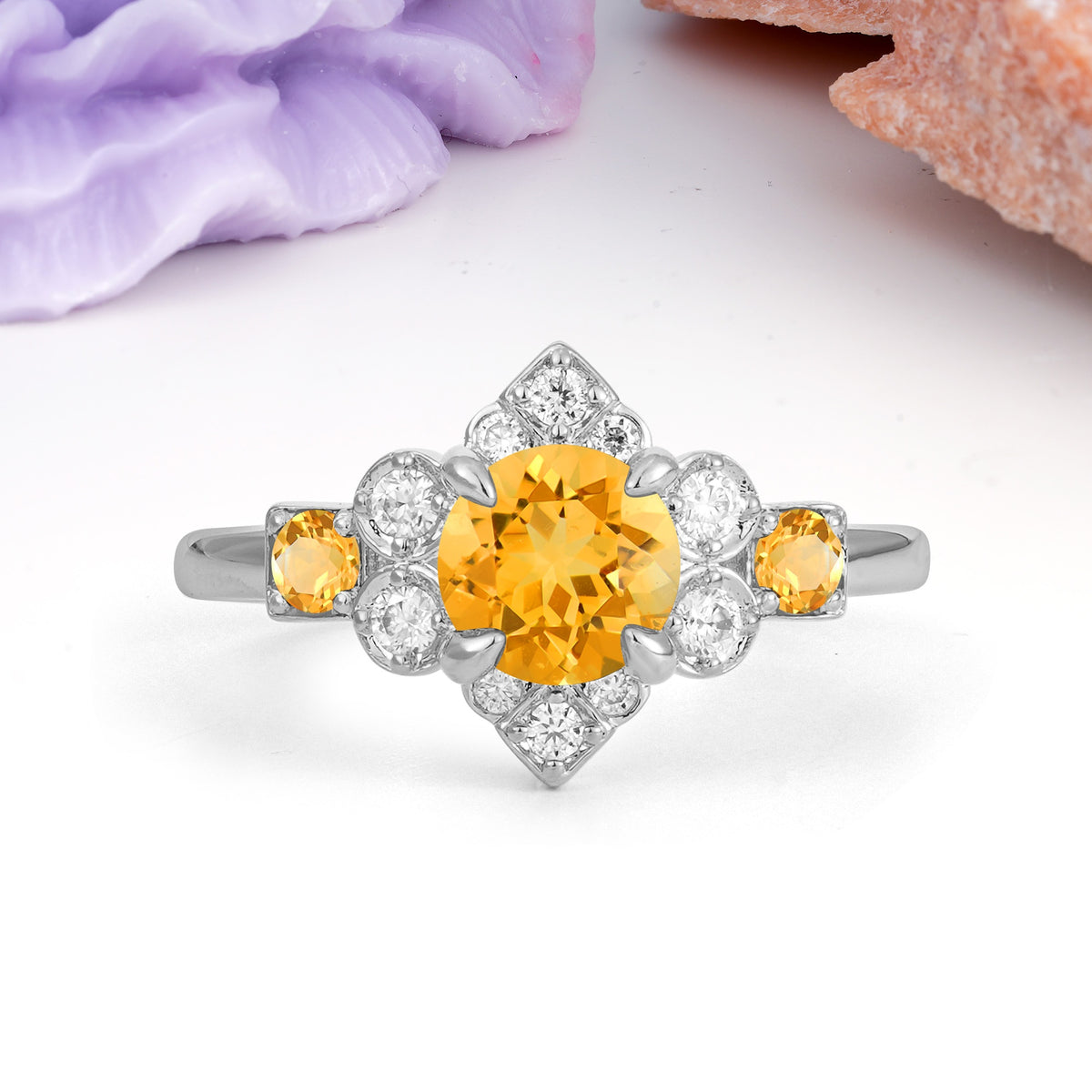 Unique Vintage-Luxury 4-Prong Round Cut Citrine Engagement Ring - Additional view