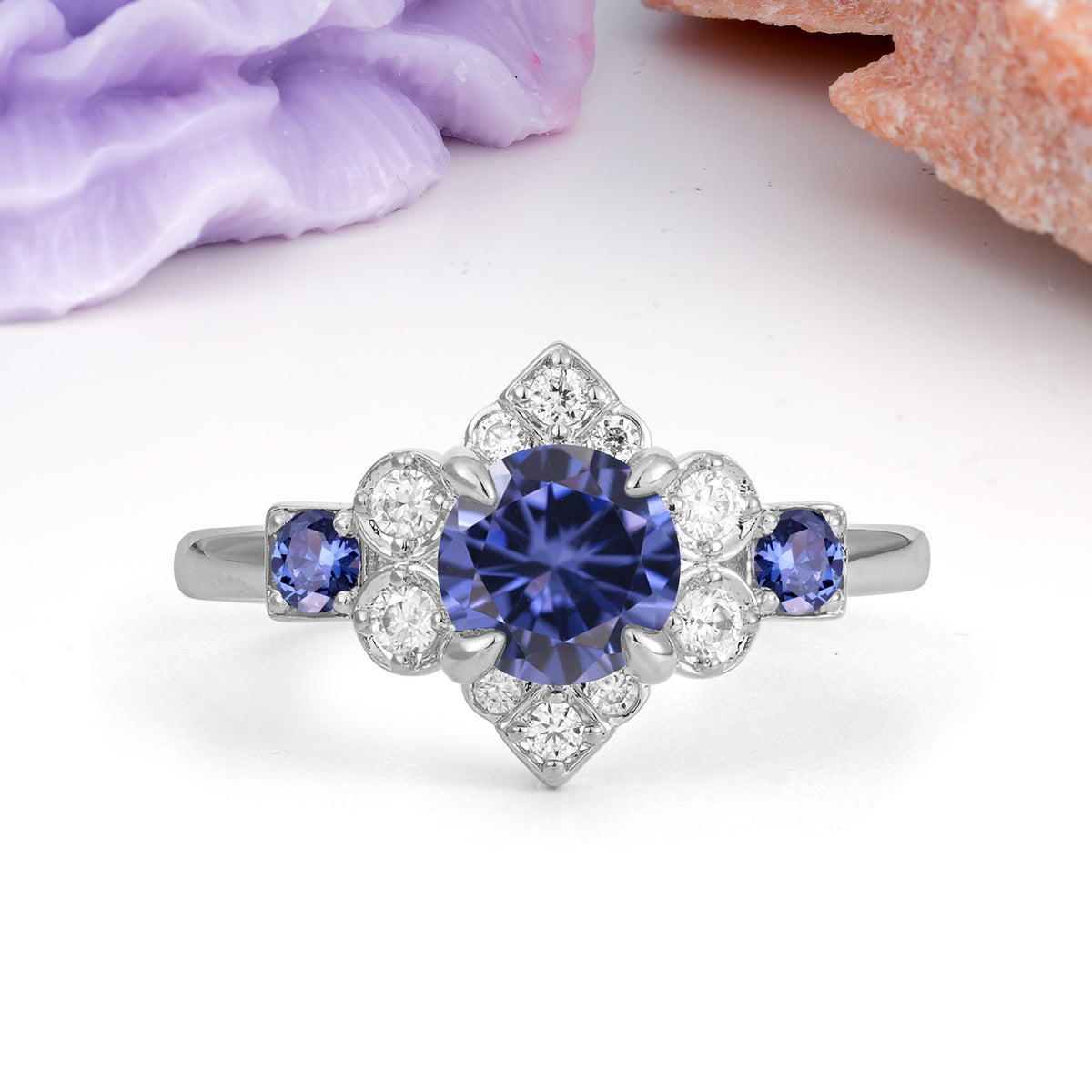 Unique Vintage-Luxury 4-Prong Round Cut Tanzanite Engagement Ring - Additional view