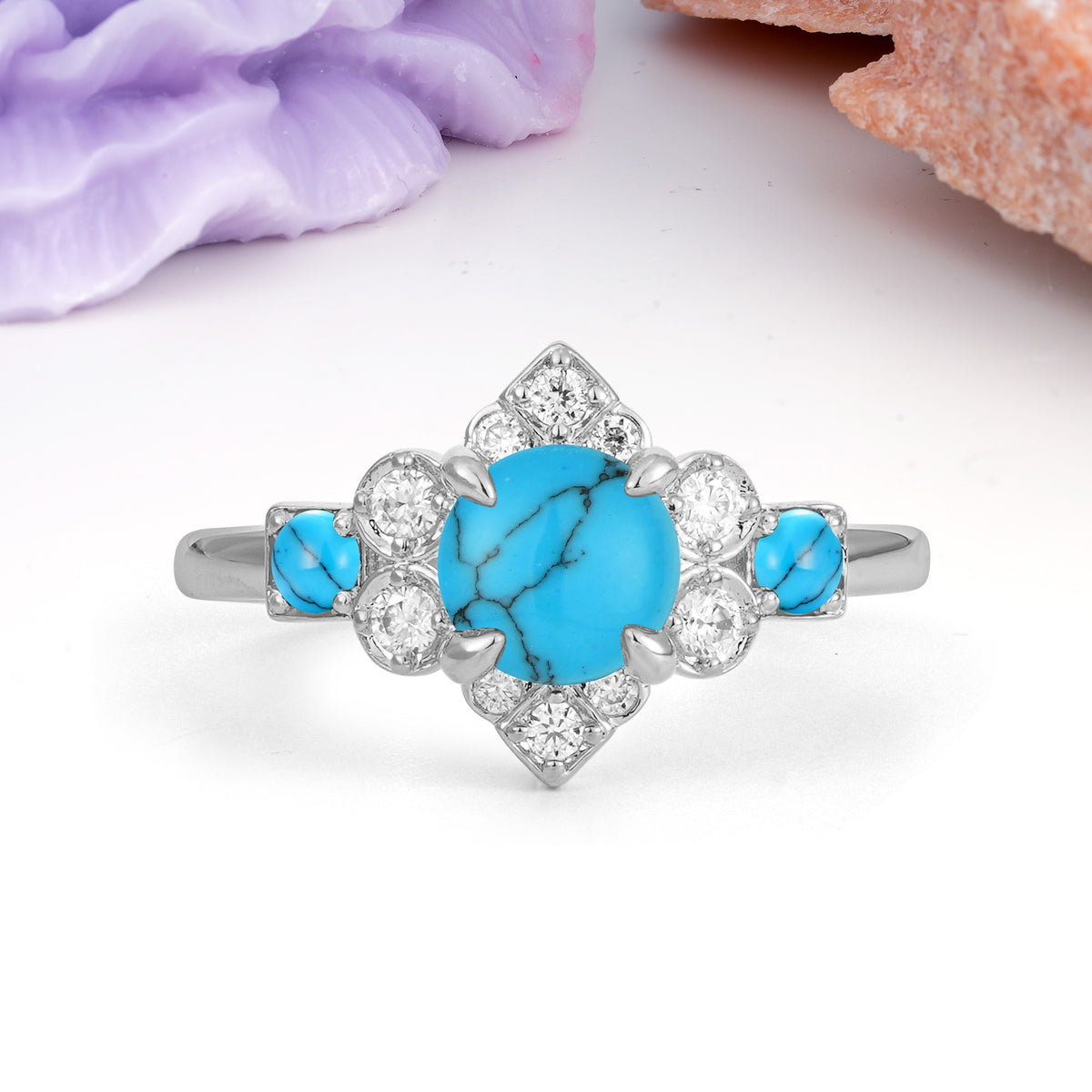 Unique Vintage-Luxury 4-Prong Round Cut Turquoise Engagement Ring - Additional view