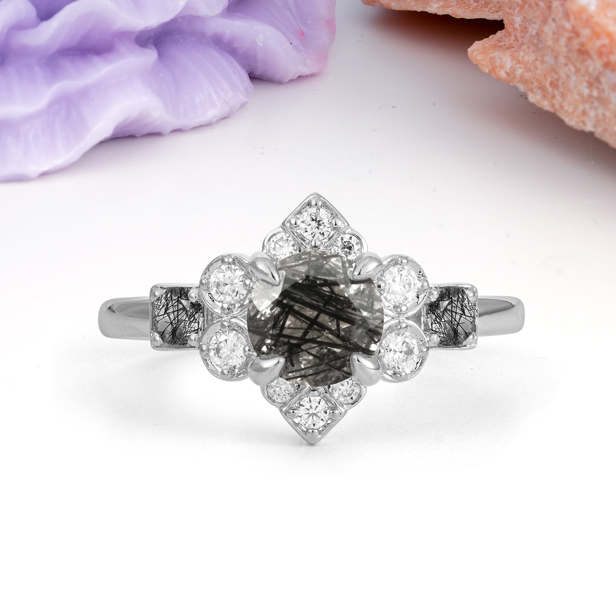 Unique Vintage-Luxury 4-Prong Round Cut Black Rutilated Quartz Engagement Ring - Additional view