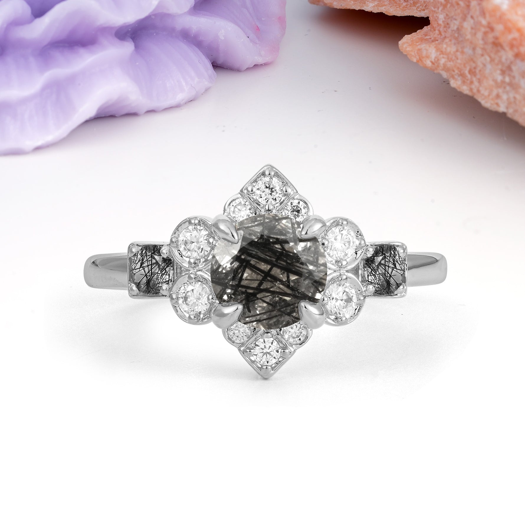 Unique Vintage-Luxury 4-Prong Round Cut Black Rutilated Quartz Engagement Ring - Additional view