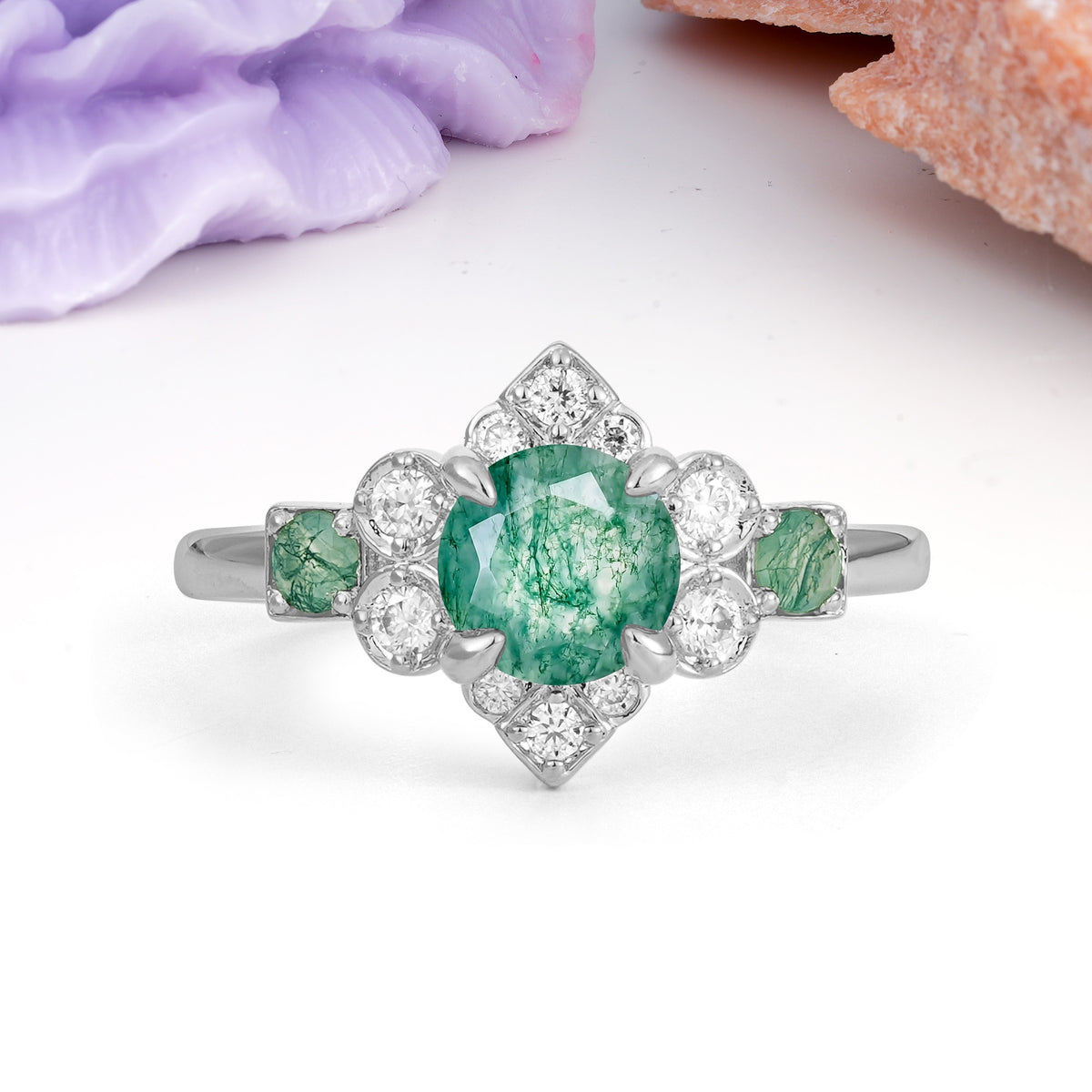 Unique Vintage-Luxury 4-Prong Round Cut Moss Agate Engagement Ring - Additional view