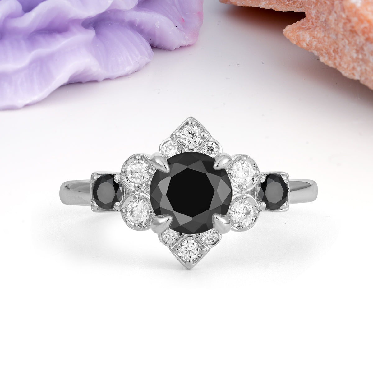 Unique Vintage-Luxury 4-Prong Round Cut Black Onyx Engagement Ring - Additional view