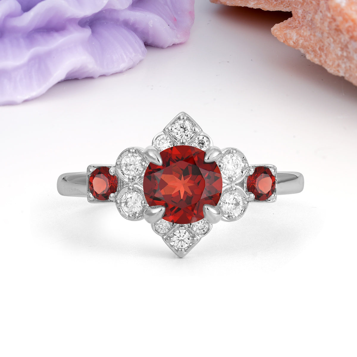 Unique Vintage-Luxury 4-Prong Round Cut Garnet Engagement Ring - Additional view