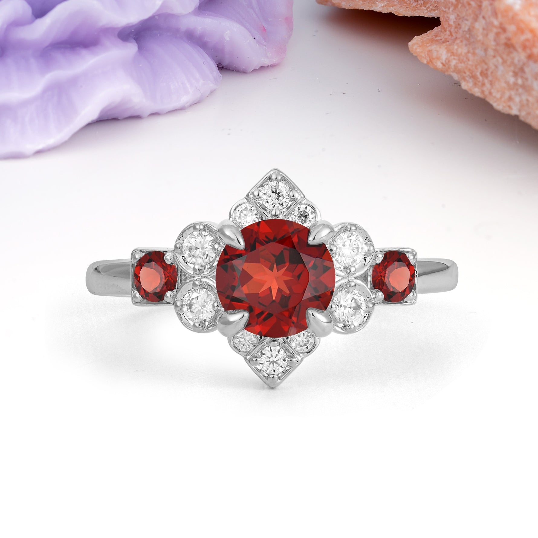 Unique Vintage-Luxury 4-Prong Round Cut Garnet Engagement Ring - Additional view
