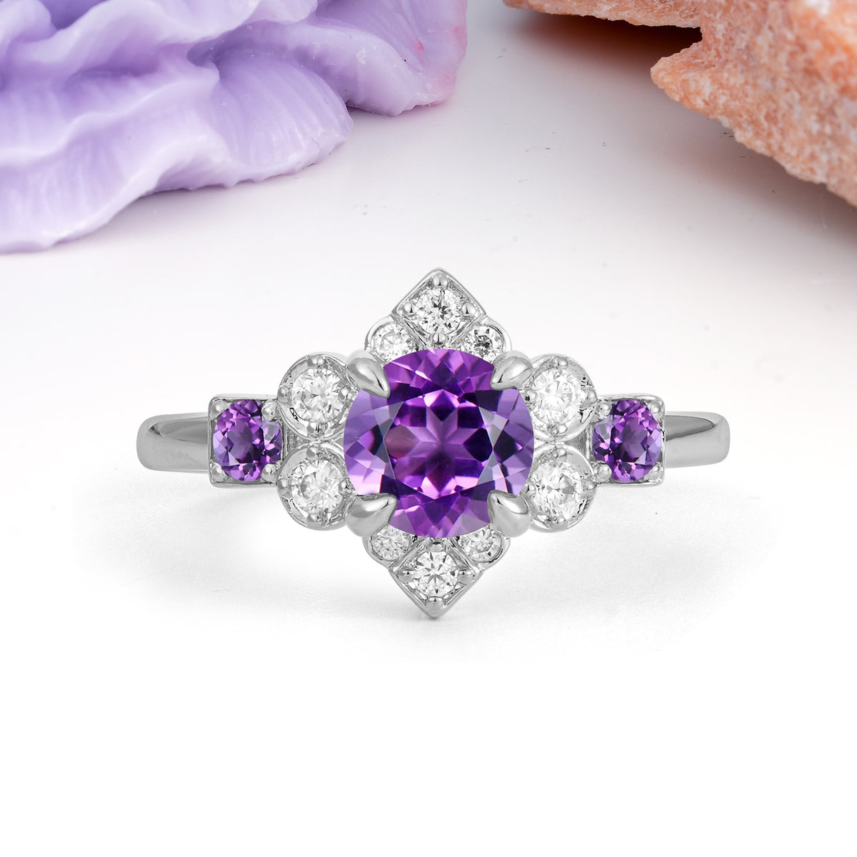 Unique Vintage-Luxury 4-Prong Round Cut Amethyst Engagement Ring - Additional view