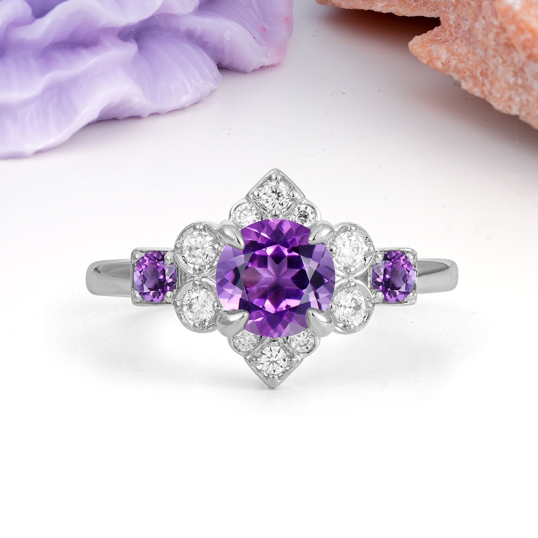 Unique Vintage-Luxury 4-Prong Round Cut Amethyst Engagement Ring - Additional view