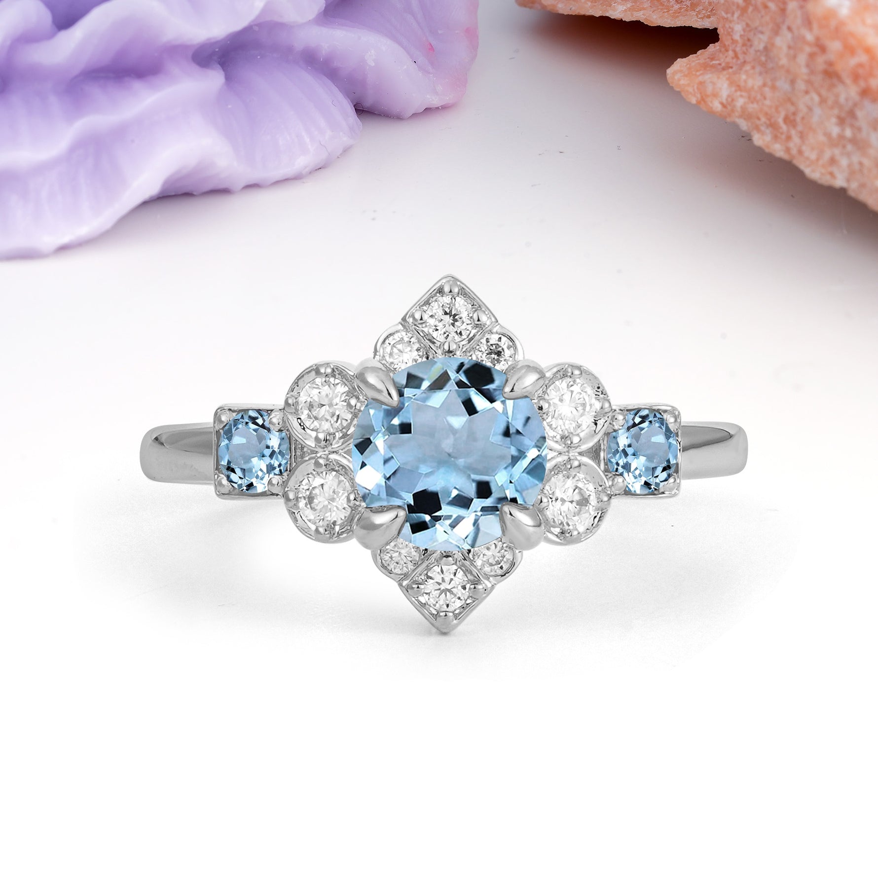 Unique Vintage-Luxury 4-Prong Round Cut Aquamarine Engagement Ring - Additional view