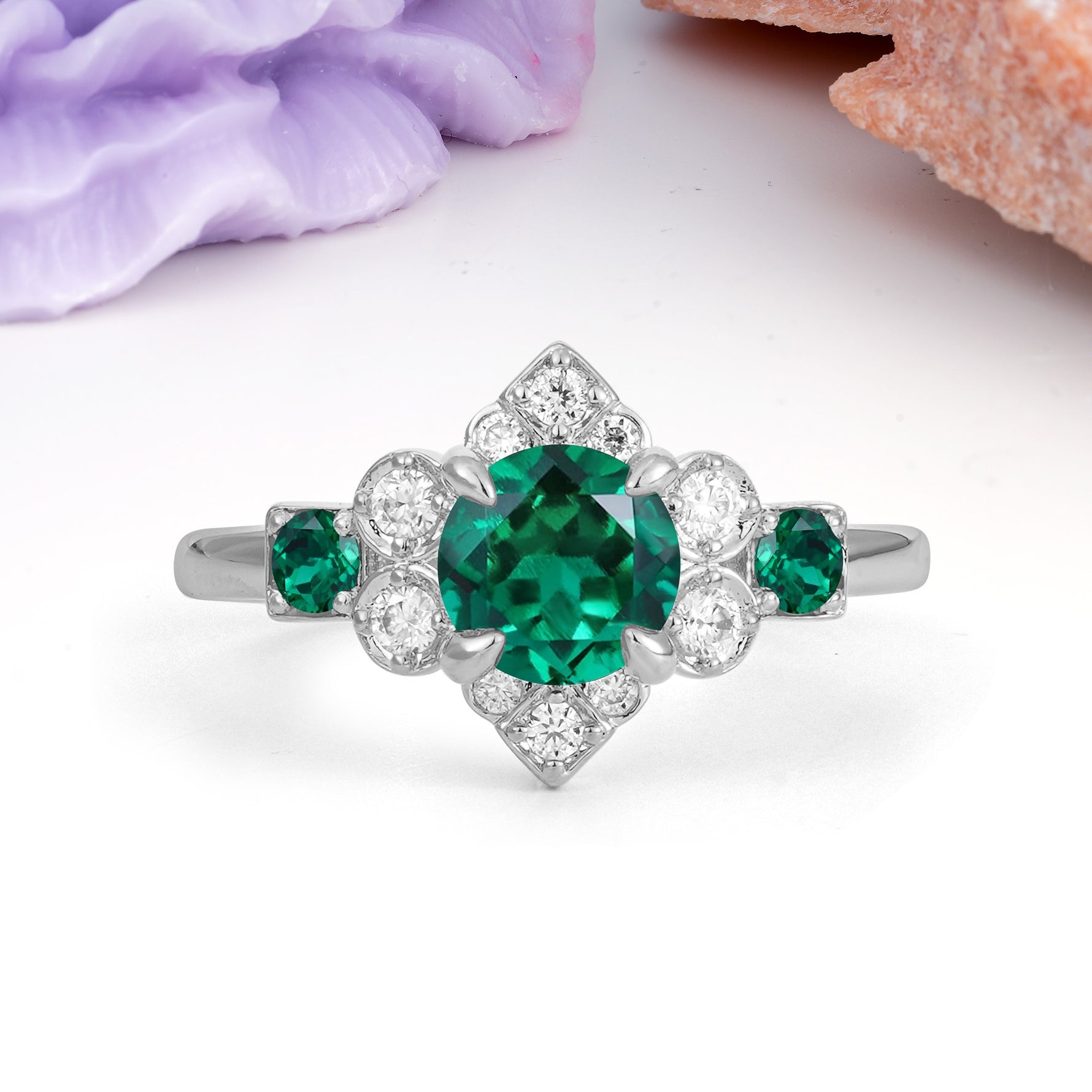 Unique Vintage-Luxury 4-Prong Round Cut Emerald Engagement Ring - Additional view