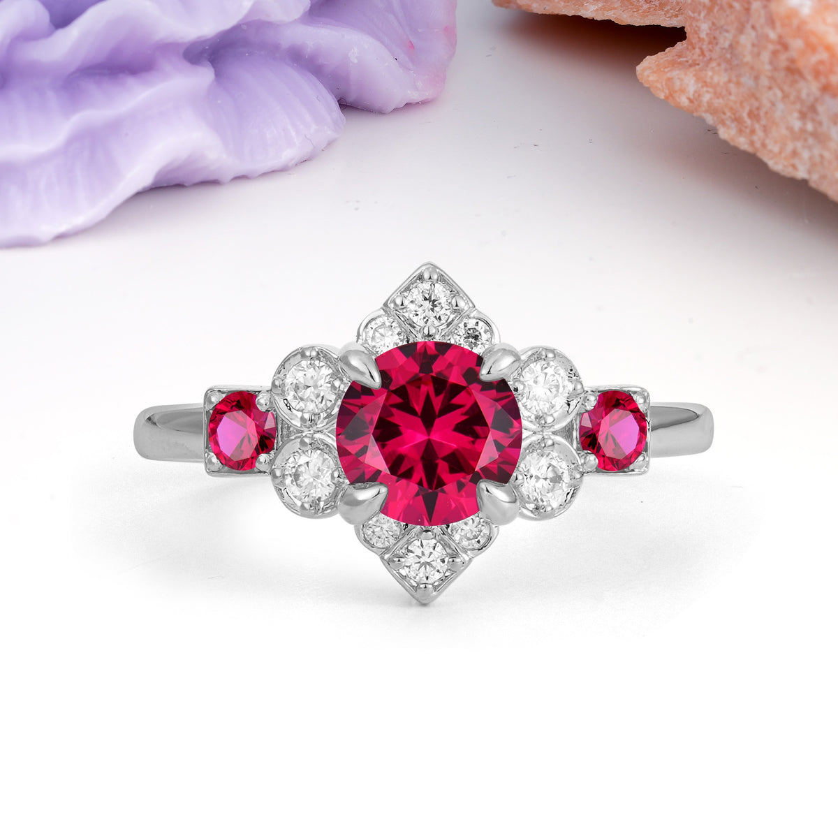 Unique Vintage-Luxury 4-Prong Round Cut Ruby Engagement Ring - Additional view