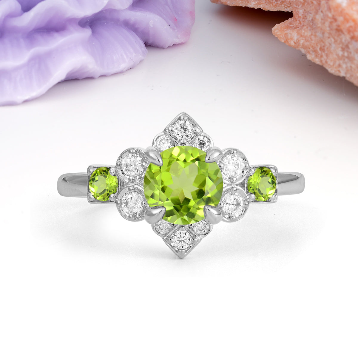 Unique Vintage-Luxury 4-Prong Round Cut Peridot Engagement Ring - Additional view