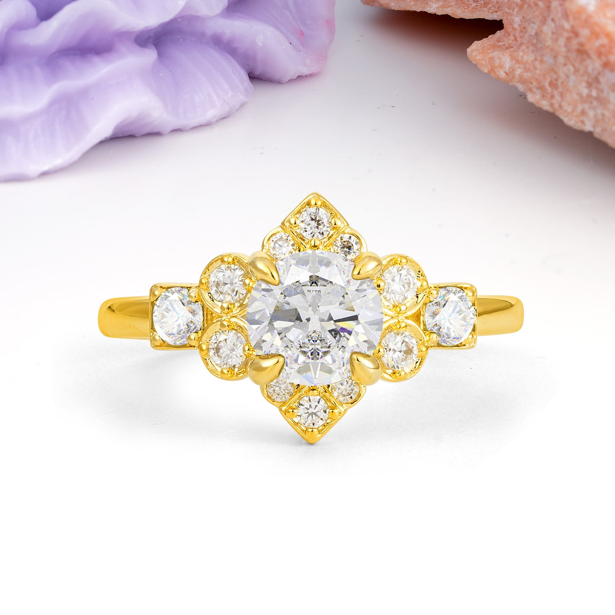 Unique Vintage-Luxury 4-Prong Round Cut Moissanite Engagement Ring - Additional view