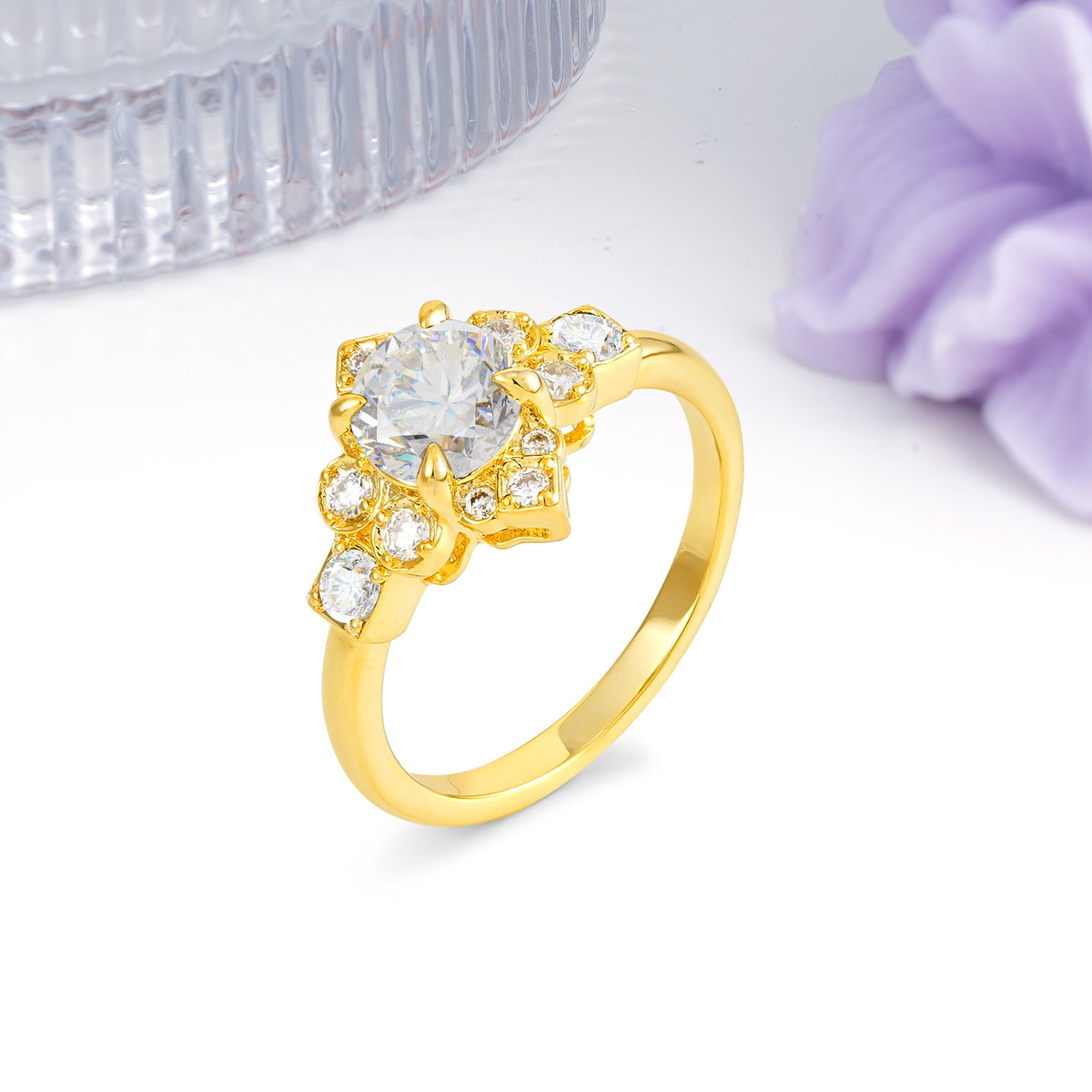 Unique Vintage-Luxury 4-Prong Round Cut Moissanite Engagement Ring - Additional view